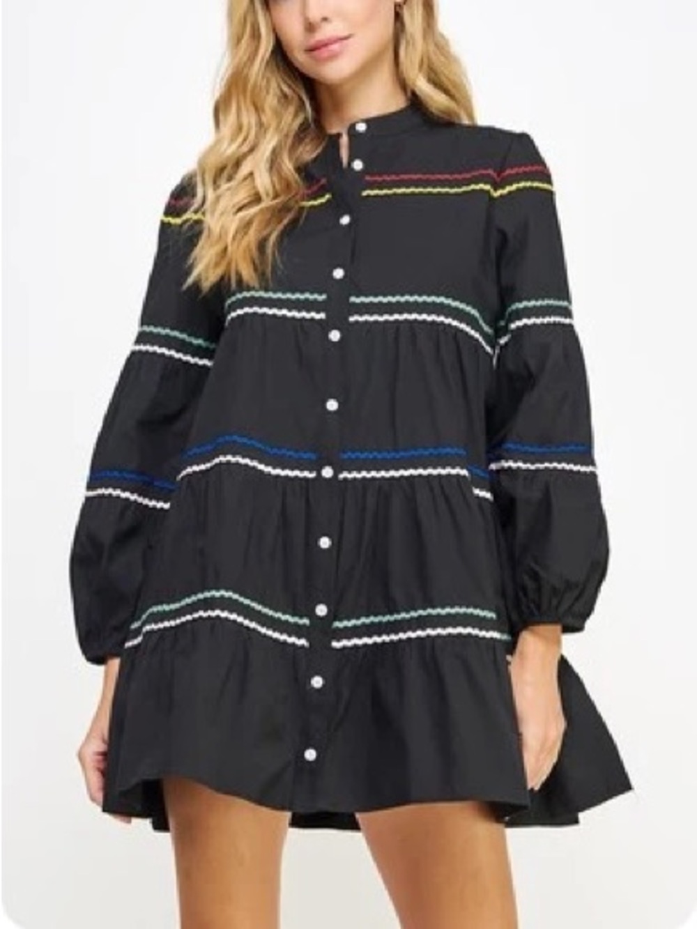LeLe Eloise Ric Rac Tiered Babydoll Tunic Mini Dress Rainbow Artsy Oktoberfest S